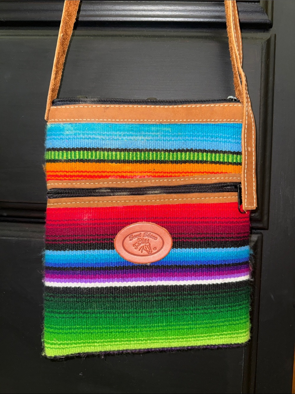 Colorful Striped Woven Crossbody Bag with Tan Leather Trim